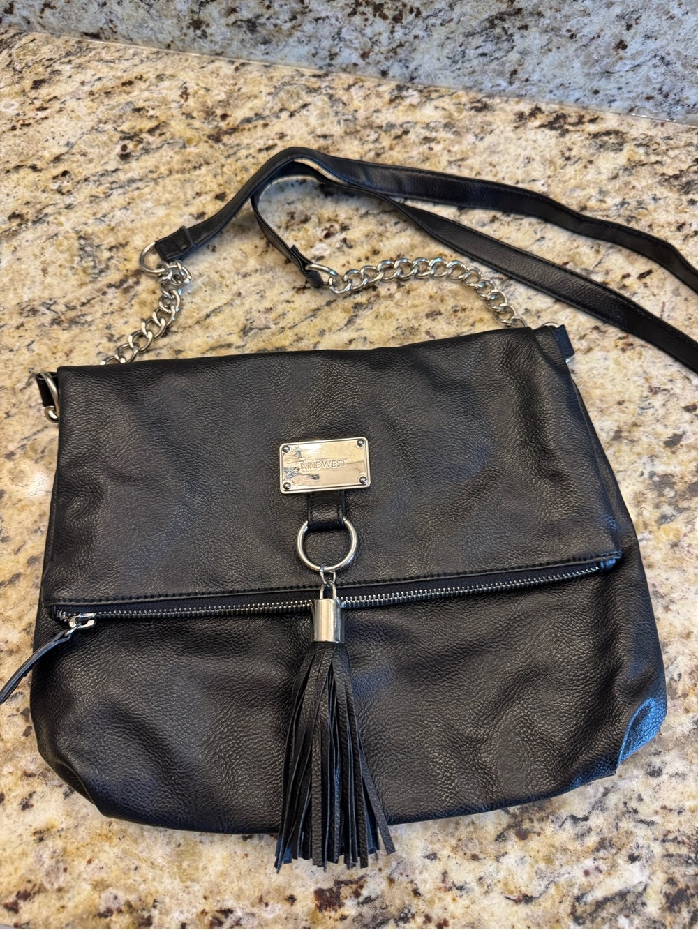 Nine West Black Crossbody Bag with Tassel and Chain Accent